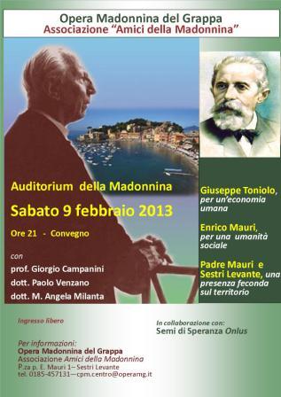 9 febbraio,  Sestri Levante: Convegno sul tema “Il pensiero economico e l'impegno sociale cristiano: Giuseppe Toniolo, Padre Enrico Mauri e il territorio di Sestri Levante”