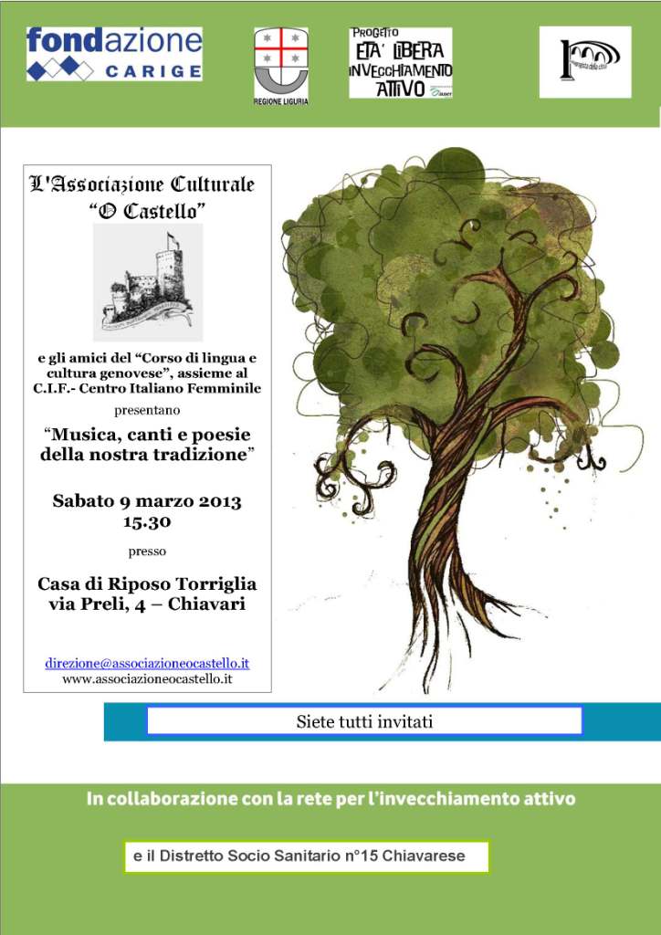 9 marzo, Chiavari: "Musiche canti, e poesie della tradizione" evento per l'iniziativa 'invechiamento attivo'