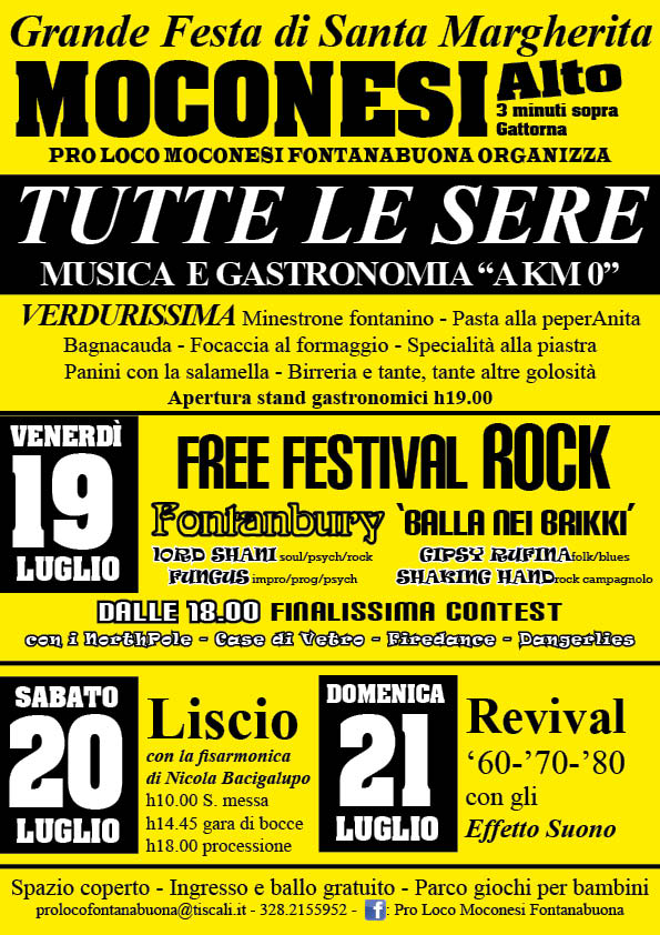 19-20-21 luglio, Moconesi: 3 giorni di musica dal vivo e gastronomia a km 0, si apre venerdì con Fontanbury Festival Rock "balla nei brikki”, sabato serata liscio e domenica revival

