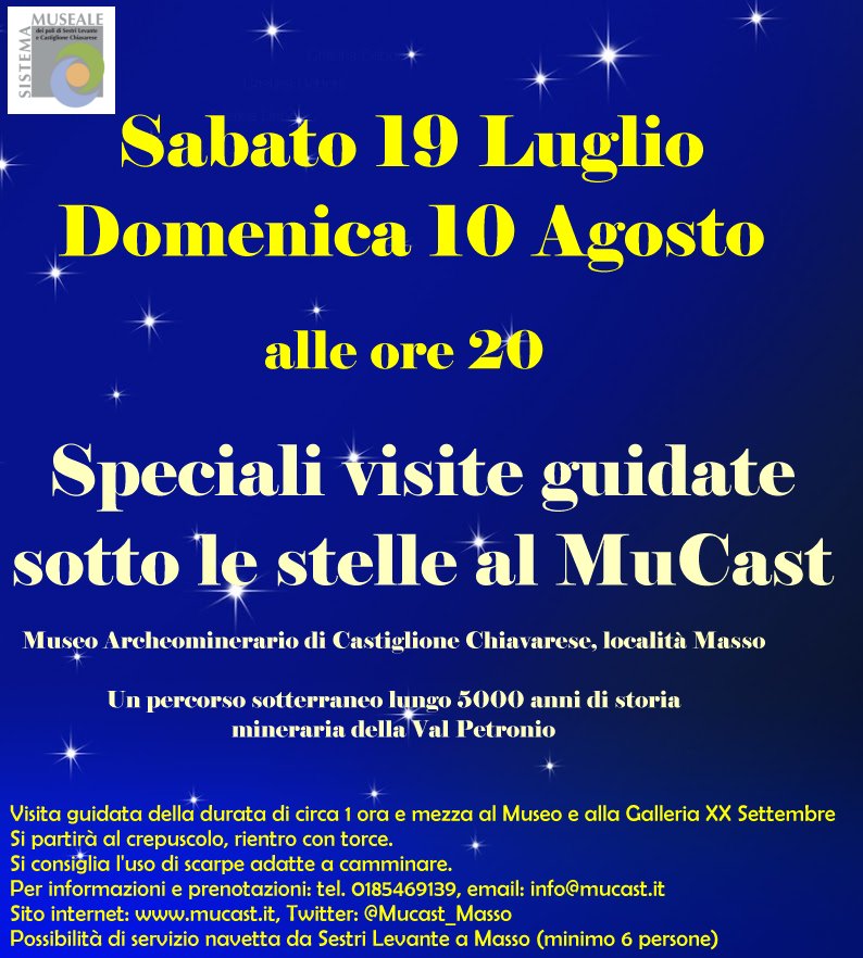 19 luglio, Castiglione Chiavarese: Visita sotto le stelle al MuCast Museo Archeominerario