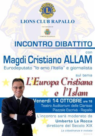 14 ottobre, Rapallo: incontro 'l'Europa cristiana  e l'Islam' con Magdi Cristiano Allam