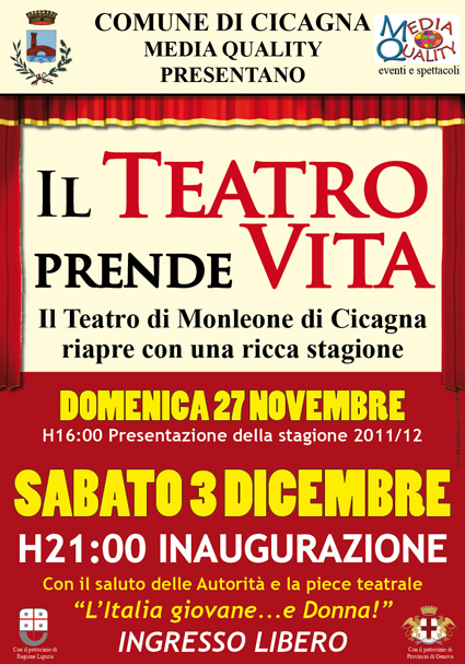 27 novembre, Cicagna: presentazione stagione del TEATRO DI CICAGNA - ricco programma composto da 40 spettacoli