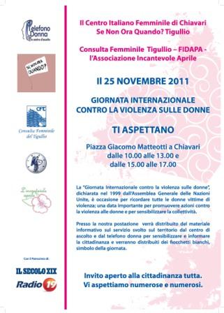 25 NOVEMBRE, Chiavari: LE ASSOCIAZIONI FEMMINILI DEL TIGULLIO FANNO RETE NELLA
GIORNATA INTERNAZIONALE CONTRO LA VIOLENZA SULLE DONNE

