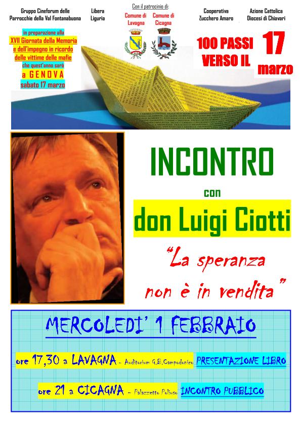 1 FEBBRAIO, LAVAGNA E CICAGNA: incontro con Don Ciotti