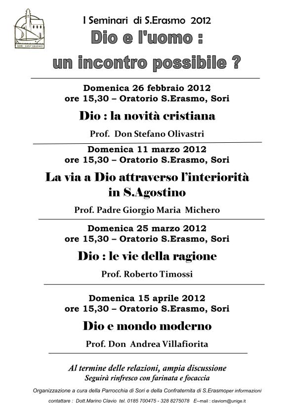 25 MArzo e 15 Aprile, Sori: seminari 'Dio e l'uomo:un incontro possibile?'