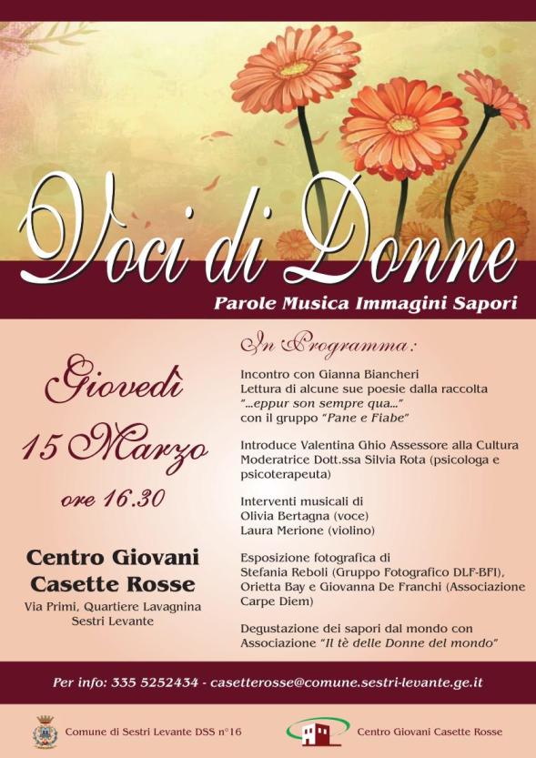 Giovedì 15 marzo, Sestri Levante: “Voci di Donne” Parole Musica Immagini e Sapori.

