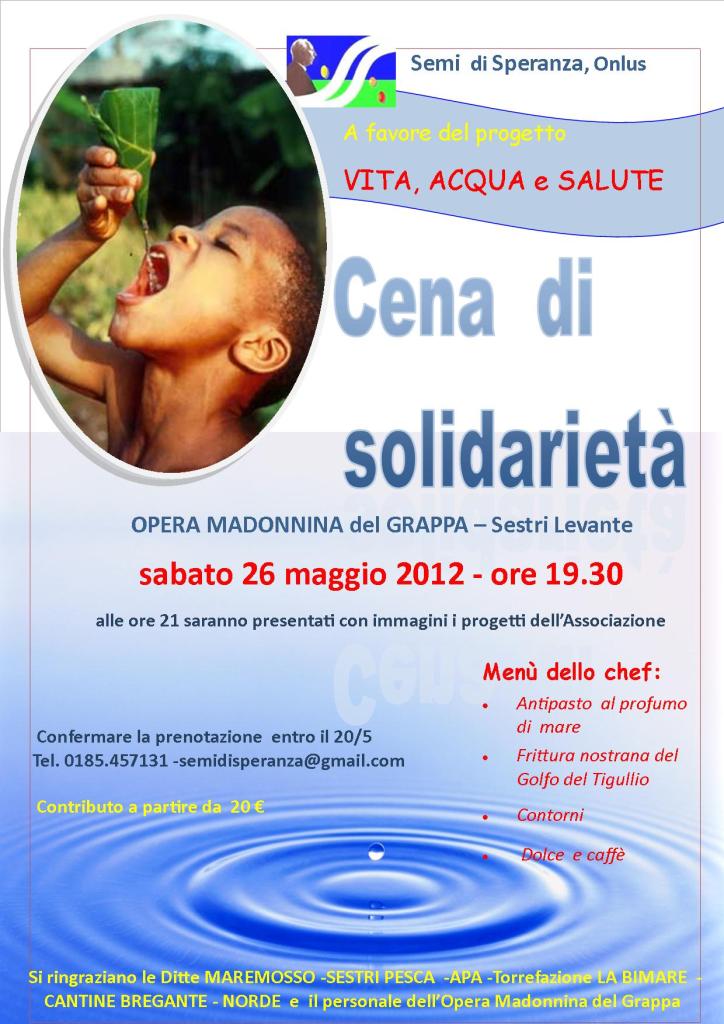 24 maggio, Sestri LEvante: cena di solidarietà, insieme per dare “acqua, vita e salute”