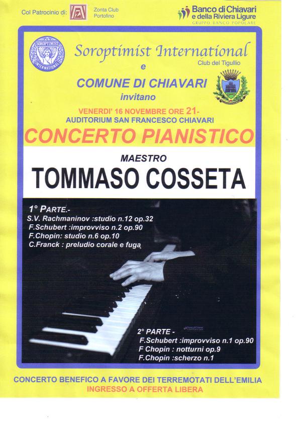 Venerdì 16 novembre, Chiavari: CONCERTO AL SOROPTIMIST DEL TIGULLIO PER I TERREMOTATI DELL'EMILIA