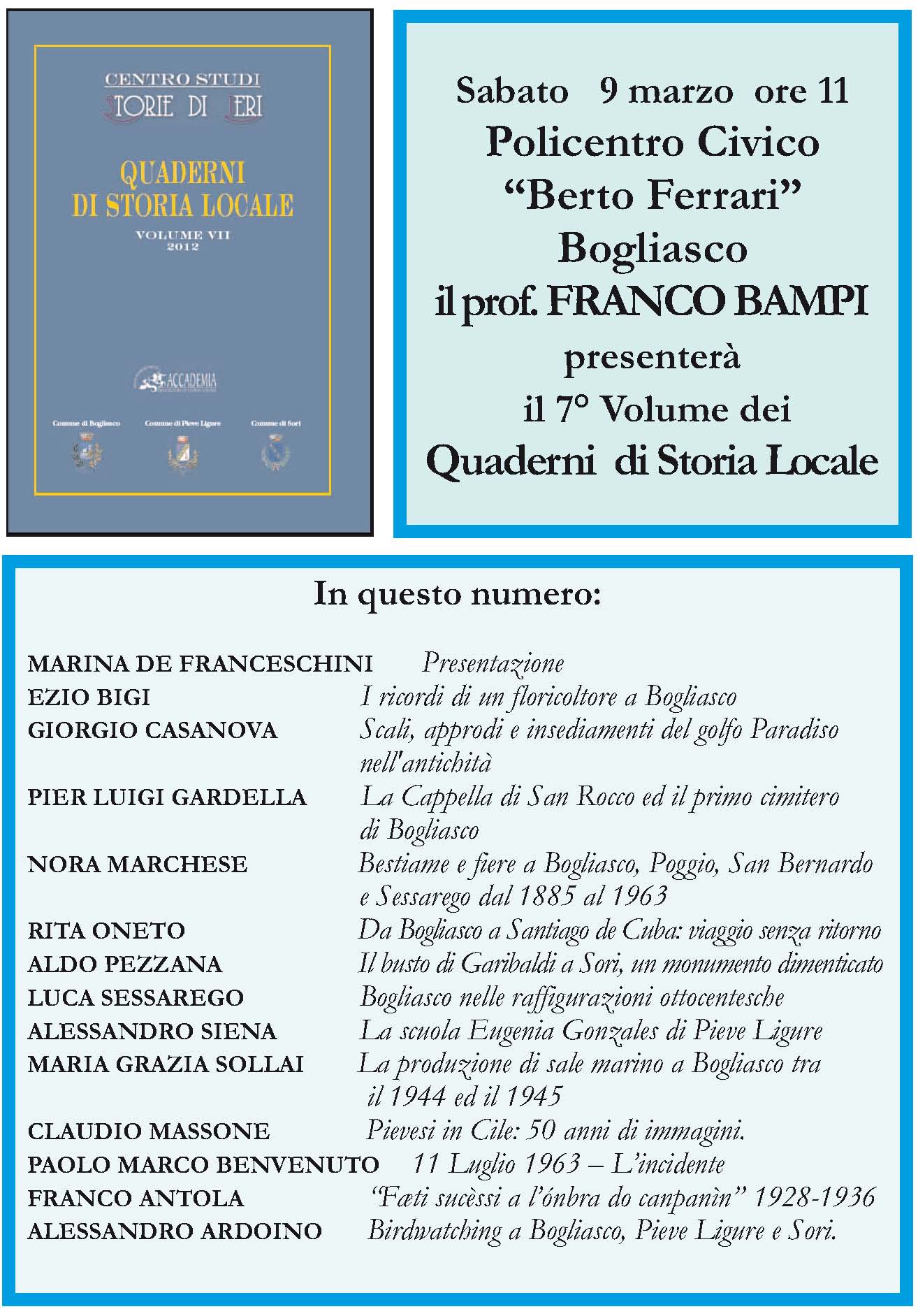 9 marzo, Bogliasco: presentazione 7° Volume “Quaderni di Storia Locale”