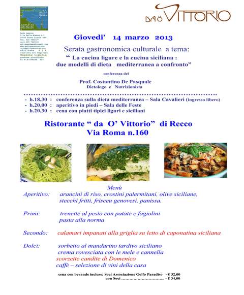 14 marzo, Recco: “La cucina ligure e la cucina siciliana:due modelli di dieta mediterranea a confronto” conferenza e a seguire cena