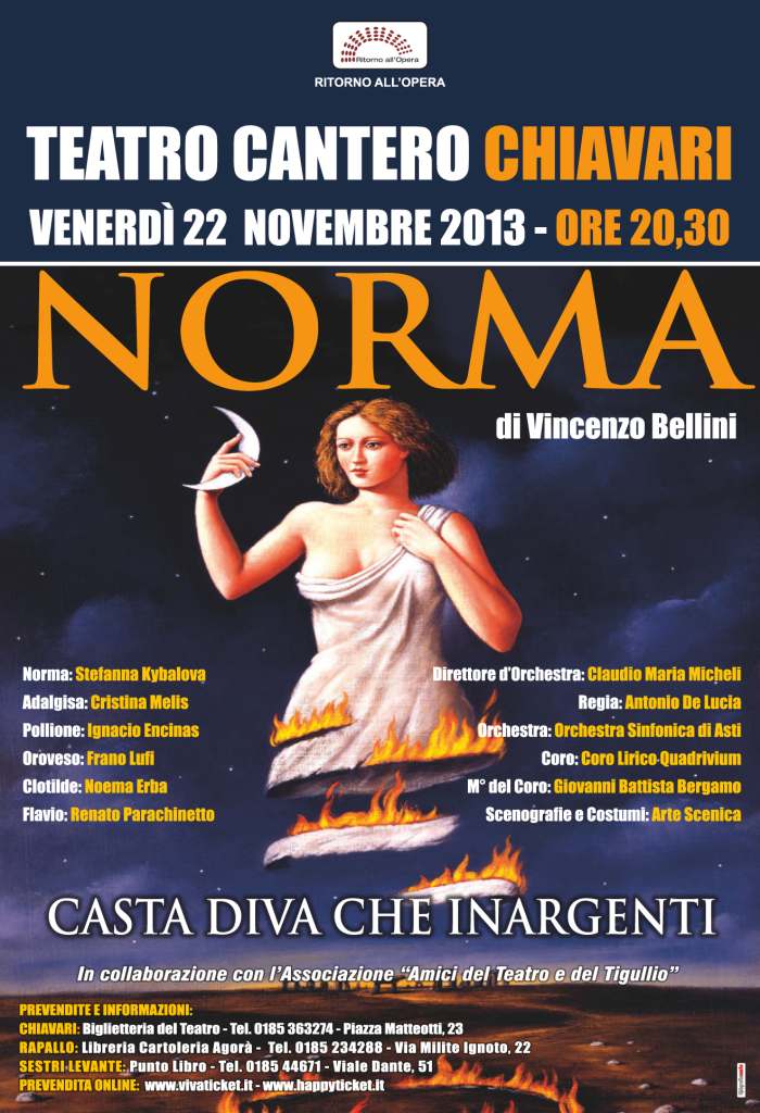 Venerdì 22 Novembre, Chiavari: dopo 8 anni di assenza è di scena la "NORMA" di Bellini e dal 16 novembre incontri dedicati all'ascolto e al commento delle opere