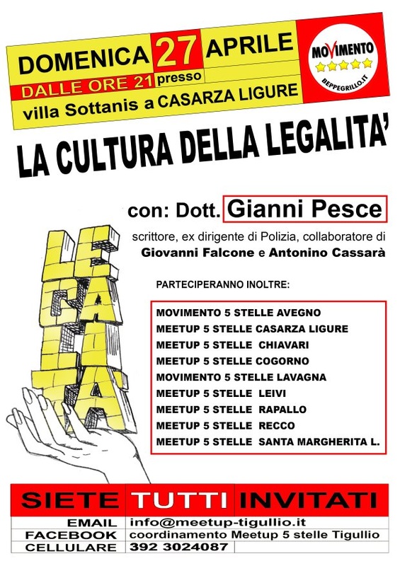 domenica 27 aprile, Casarza: incontro aperto al pubblico "La cultura della legalità" organizzato dai gruppi M5S del Tigullio