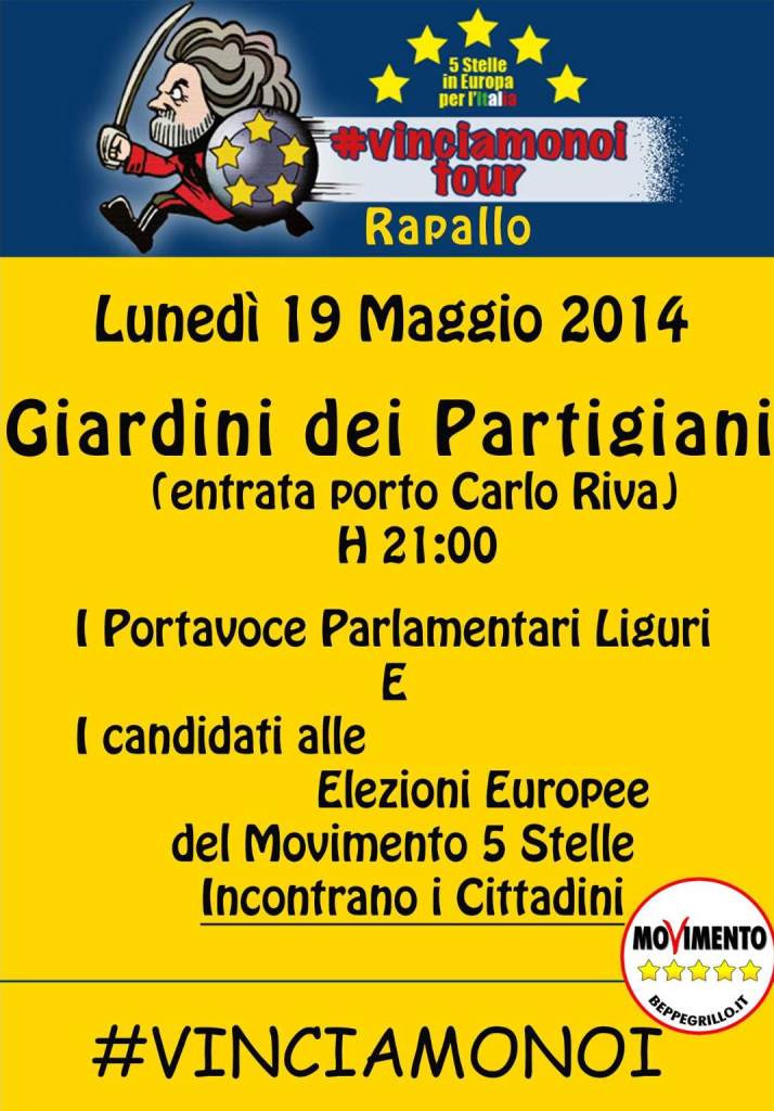 Lunedì 19 MAggio, Rapallo: incontro con i Parlamentari del M5S e i candidati Sindaco di Rapallo e Santa