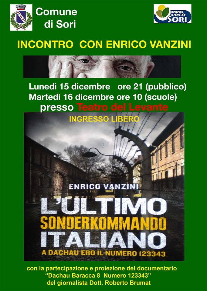 Lunedi 15 Dicembre, Sori: incontro con Enrico Vanzini, sopravvissutto al campo di concentramento di Dachau