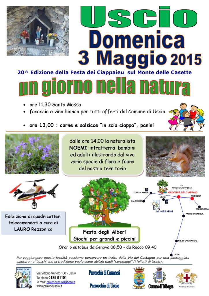 DOMENICA 17 MAGGIO A USCIO FESTA DELLA NATURA CON FOCACCIA, VINO BIANCO, GIOCHI PER BAMBINI E QUADRICOTTERI VOLANTI

